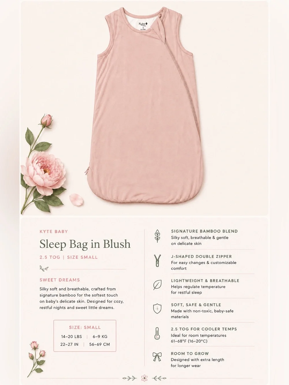 Kyte BABY Bamboo Sleep Bag — Blush | 2.5 TOG | Small
